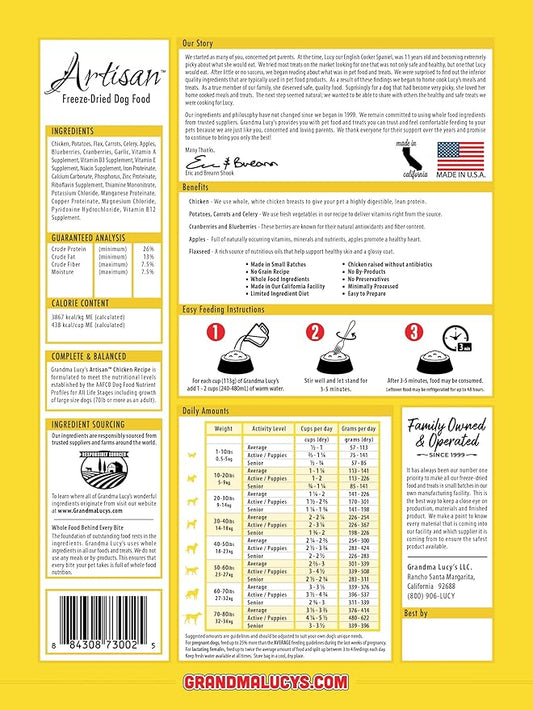 Grandma Lucy's Artisan Dog Food, Grain Free and Freeze-Dried - Artisan Chicken, 1Lb Bag
