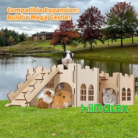 HIIMALEX Sturdy Guinea Pig Hideout Wooden Castle for Guinea Pig Chinchilla Hedgehog Gerbil Hamster Rat House Habitat for Playing and Hiding (Castle with Ramp & Mat)