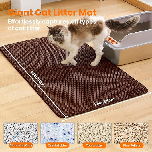 Jumbo Cat Litter Mat, 46x26 Inches Double Layer Honeycomb Litter Trapping Mat, Non Slip Waterproof Urine Proof Extra Large Cat Litter Box Mat, Kitten Supplies and Essentials, XXL, Brown