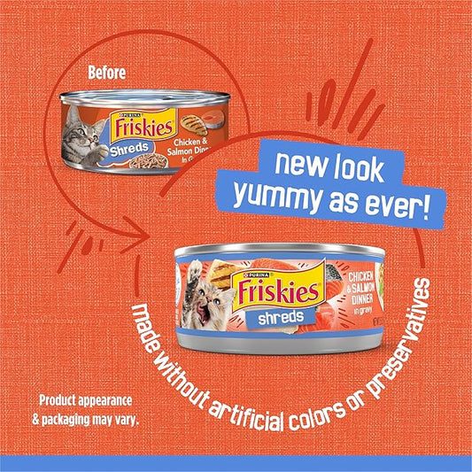 Friskies Purina Shreds Chicken and Salmon Dinner in Wet Cat Food Gravy - 5.5 oz. Cans (Pack of 48)