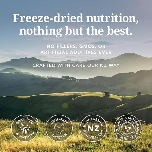 Feline Natural High Protein Dry Cat Food, Freeze-Dried Diet with 98% Meat, Organs & Seafood, No Peas, Grains, or Artificial Additives, Made in New Zealand, Chicken & Lamb, 1.8lb