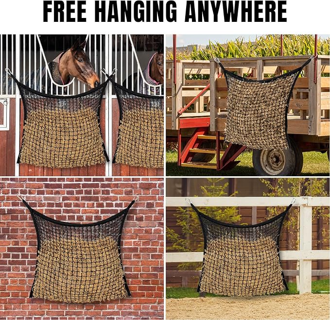 4 PCS Slow Feed Hay Net for Horses, Large Capacity Hay Bags for Horses Goats Sheep Donkey Trailer Full Day Feeding, Easy to Fill and Hang, Black, 35 x 31 Inch