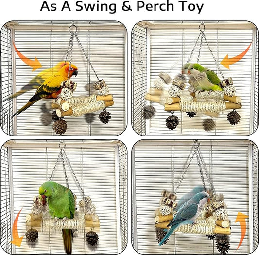Large Bird Swing for Cage with Chew Toys, 3 Sisal-Wrapped Bird Perches & Stable Triangle Design, Wooden Hanging Quaker Toy Swing for Medium-Sized Bird Cockatiel Ring-Necked Caique Balance Training (L)
