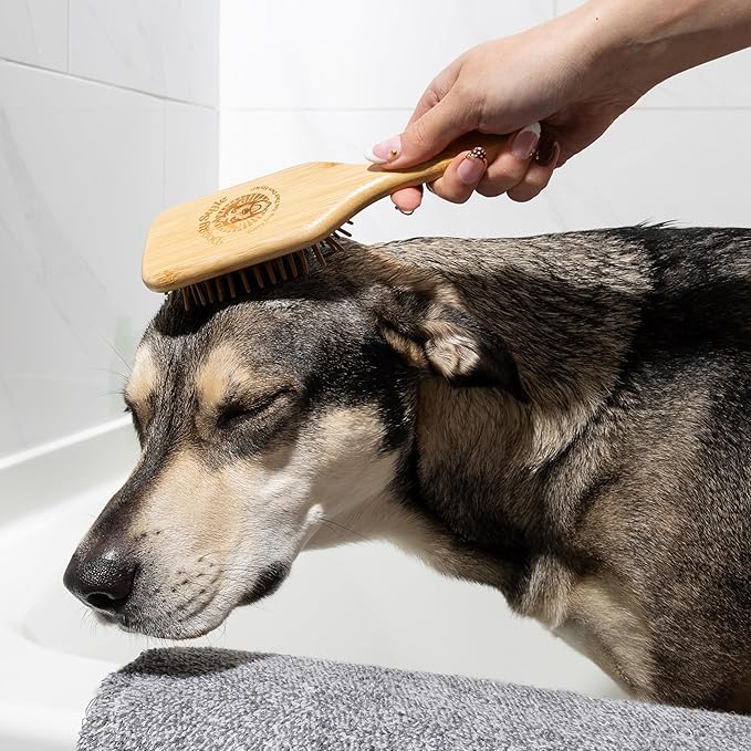 Doggy Style Bamboo Dog Brush for Medium and Large Dogs, Deshedding and Detangling Pet Grooming Brush with Pin Bristles, Ergonomic Handle, Rubber Cushion, Plastic-Free 9.5 Inch