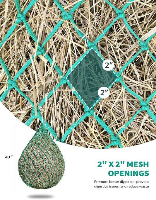 Harrison Howard Slow Feed Hay Net for Horses, 40 Inch Hay Bag Holds 1–2 Flakes, 2 Inch Mesh Durable Hanging Feeder for Stable, Pasture & Livestock-Grass Green