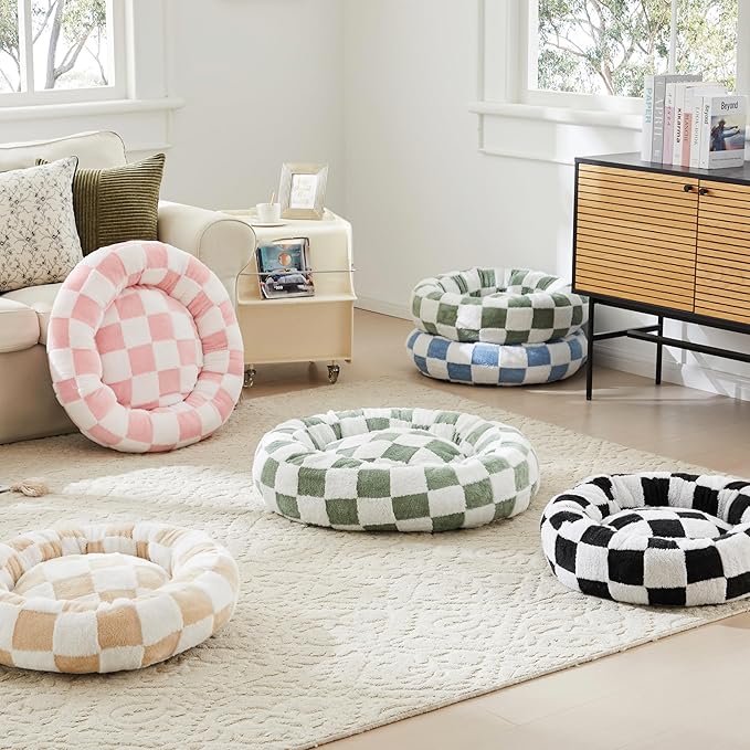 Ohocut Checkered Dog Bed, Cute Girly Pink Retro Style Aesthetic Round Warming Pet Calming Beds for Small Dog and Cats, Plush Cozy Donut Dog Beds Washable, 30" L x 30" W x 8" Th