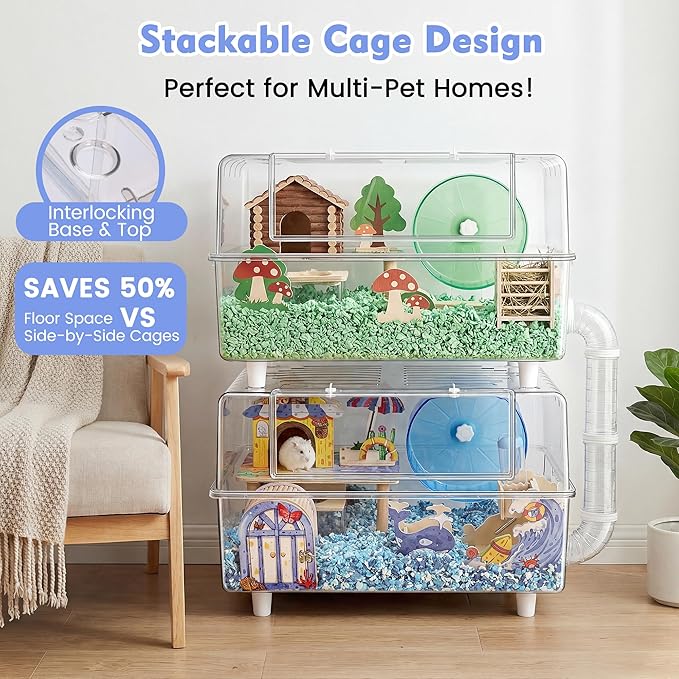 10-in-1 Acrylic Hamster Cage with Stand & Ocean Accessories, 23.2"x14.8"x15.2" Large 2-Tier Syrian Hamster Habitat, Starter Kit for Pet Mice & Hamsters, Easy to Assemble & Clean