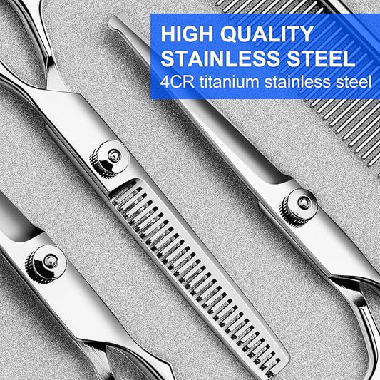 TINMARDA Professional Dog Grooming Scissors Kit, Titanium Coated 5 in 1 Stainless Steel Grooming Shears Kit with Straight, Curved and Thinning Scissors for Dogs, Cats and Pets at Home