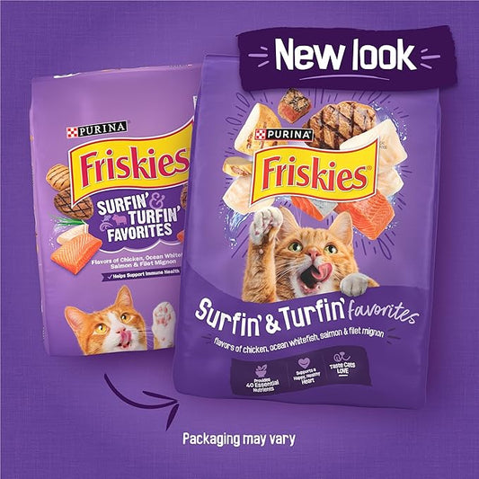 Purina Friskies Cat Food Surfin and Turfin Favorites Flavors of Chicken, Whitefish, Salmon and Filet Mignon - (Pack of 4) 3.15 lb. Bags