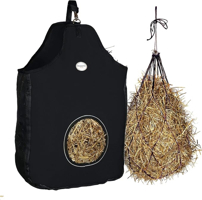 Majestic Ally 1200 D Hay Feeder Tote bag for Horses, Sheep with Reflective Trim- Reduces Waste - comes with 36” Hay Net. (Black)