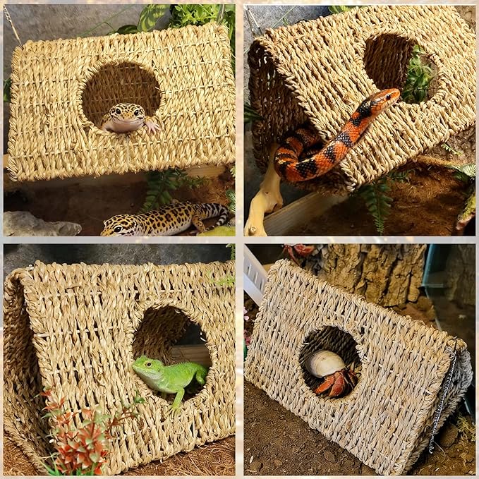 Reptile Hide Cave,Hollow Gecko Hide,Hanging Seagrass Fiber Bearded Dragon Hammock Swing Lizard Cage Climbing Toys with Suction Cups&Chains,Reptile Tank Decor with Simulation Plants-Triangle L