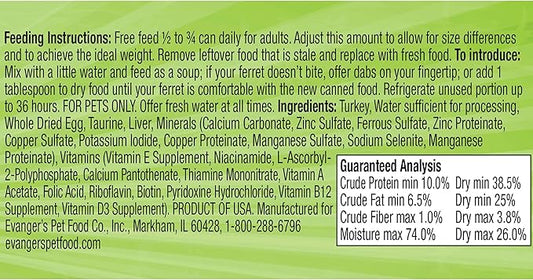 Evanger's Turkey Dinner for Ferrets & Exotic Pets – 12 Count, 6 oz Each – High Meat Content, Grain & Gluten Free, Single Protein, BPA-Free Packaging