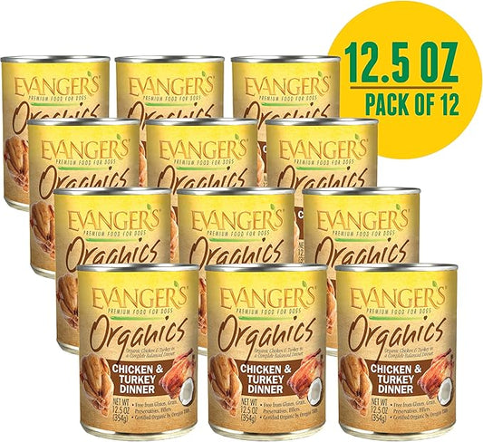 Evanger's Organics Chicken & Turkey Dinner for Dogs – 12 Count, 12.5 oz Each – Qualified Organic, Grain Free, GMO Free – Nutrient-Dense Recipe with Organic Vegetables – Wet Dog Food
