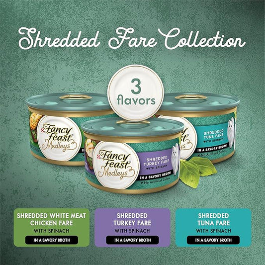 Purina Fancy Feast Wet Cat Food Variety Pack, Medleys Shredded Fare Collection - (2 Packs of 12) 3 oz. Cans