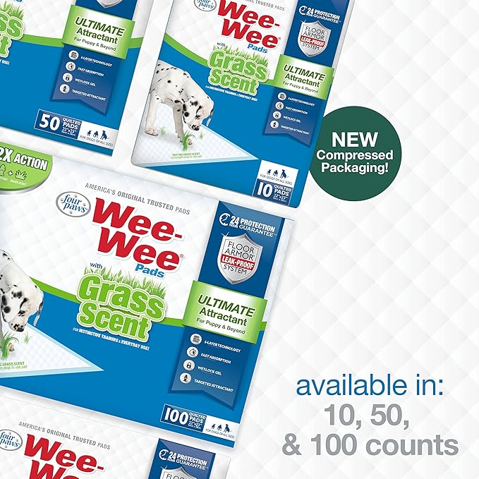 Four Paws Wee-Wee Ultimate Attractant Grass Scented Pee Pads for Dogs & Puppies, Leak-Proof Dog Housebreaking Instinctive Potty Training Floor Protection, 22" x 23", 10 Count