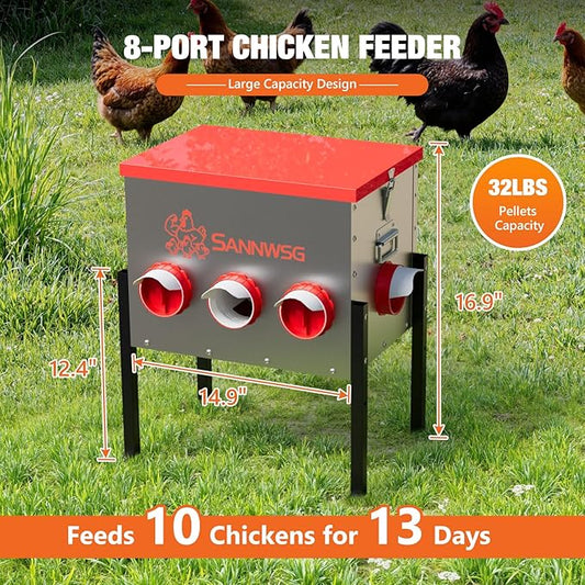 Chicken Feeders,68 lb Capacity 8 Port Automatic Chicken Feeder, Metal Chick Feeder with Locking Lid and Legs, Chicken Feeder for Chickens, Ducks, Geese