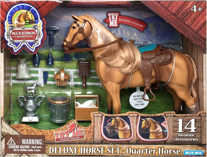 Sunny Days Entertainment | Quarter Horse with Moveable Head, Realistic Sound and 14 Grooming Accessories | Blue Ribbon Champions Deluxe Toy Horses