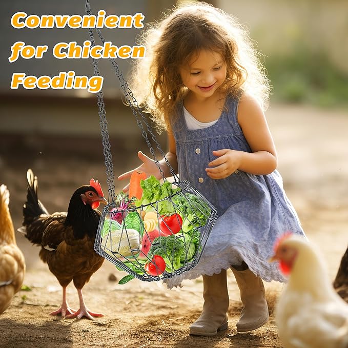 Hanging Chicken Feeder, 9.25IN Large Foldable Poultry Feeder Vegetable Fruits Basket with 4pcs Hanging Stainless Chain, Chicken Treat Holder Ball Boredom Toys for Chicken Hens Duck Coop, Black, 1 Pack