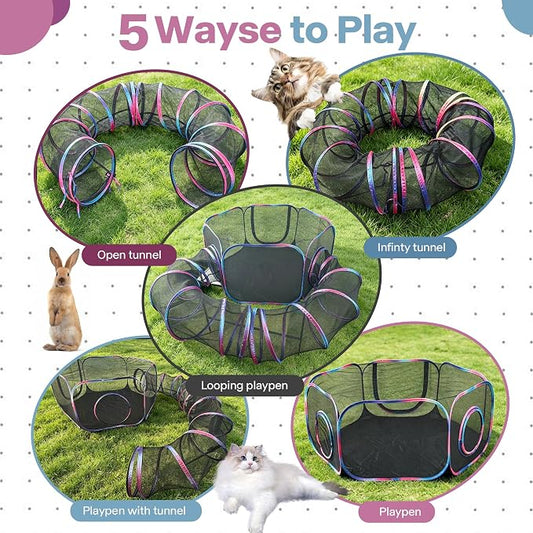 PAWISE Outdoor Cat Enclosure, 2-in-1 Portable Catio with Cat Tent and Tunnel, Pop Up Cat Playpen for Indoor Outdoor Cats and Small Animals, with Storage Bag