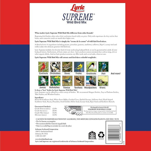 Lyric Supreme Wild Bird Seed for Outside Feeders - Wild Bird Food Mix with Nuts & Sunflower Seeds, Attracts Many Beautiful Songbirds, 40 lb Bag