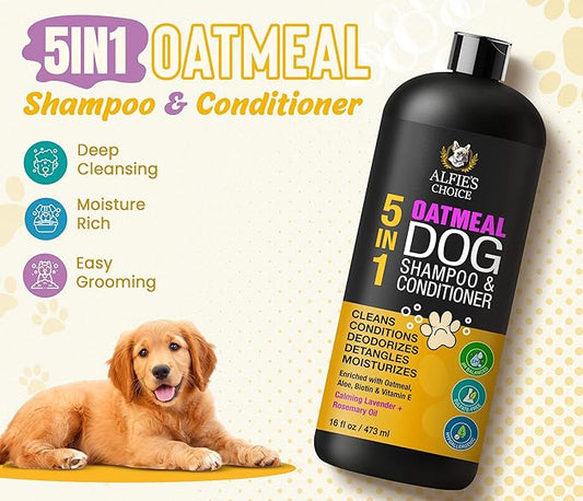 Oatmeal Dog Shampoo and Conditioner for Itchy Skin Relief | Puppy Shampoo for Sensitive Skin 5-in-1 | Cleans, Deodorizes & Detangles | Dog Wash for All Breeds | Made in USA | 16 fl oz | ALFIE'S CHOICE