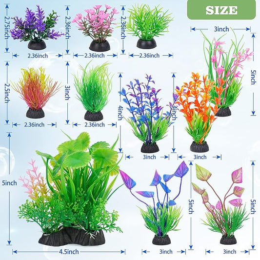 Ameliade Fish Tank Decorations Aquarium Artificial Plastic Grass Plants Decor Small Betta Goldfish Turtle Tank Accessories (11 Pieces)