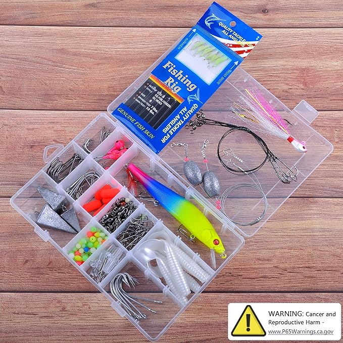 Saltwater Fishing Gear, 180pcs Saltwater Surf Fishing Tackle Kit Saltwater Fishing Lures Fish Finder Rigs Pompano Rig Pyramid Sinker Spoons Fishing Hooks Leaders Swivel Bobbers Various Accessories