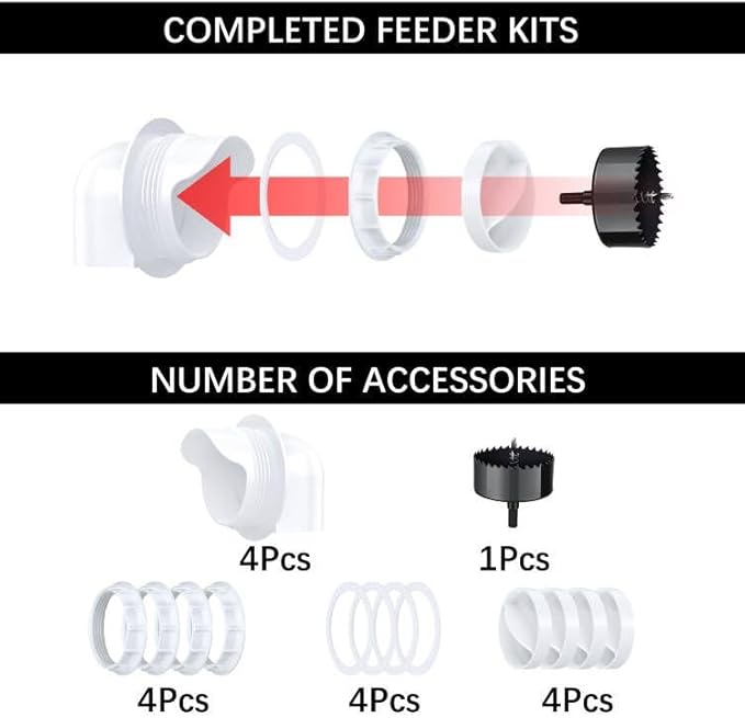 Chicken Feeder Port, 12 Pack Chicken Feeders No Waste with 12 Lids 1 Drill Bit, DIY Automatic Poultry Feeder Cups Kit, Chicken Bucket Feeder for Barrels (White)