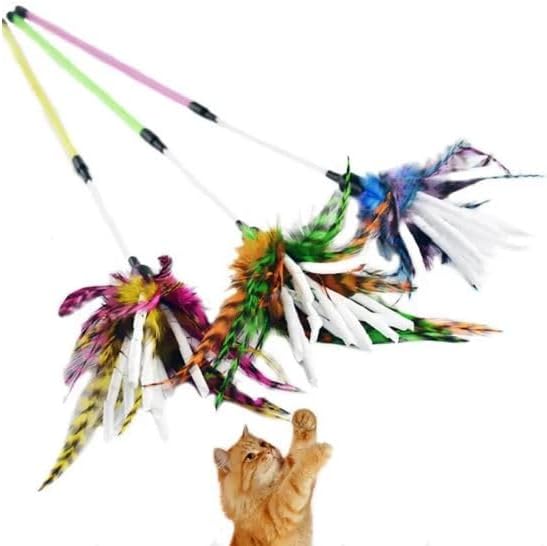 Kats'N Us 18 Inch Wand with Feathers and Mylar Crinkle Teaser Cat Toy - Blue, Hunting Instinct Play, Flexible Acrylic Handle, Interactive Exercise Attachment for Indoor Cats