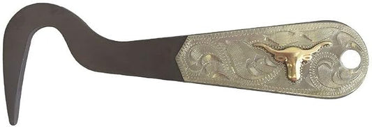 AJ Tack Antique Brown Steel Hoof Pick, Silver Engraving Steer Head