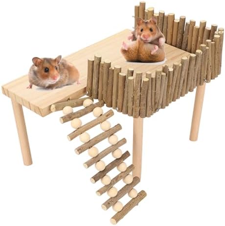 HEEPDD Wooden Hamster Platform, Climbing Toys Playground with Fence Bridge for Small Pets, Gerbil, Rat