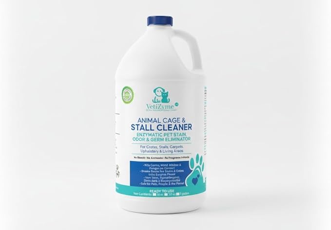 VetiZyme Animal Cage & Stall Cleaner – Natural Enzyme Cleaner & Odor Eliminator – Sanitizes, Disinfects & Remove Germs, Bacteria, Mold & Mildew – Non Toxic, Safe for Pets, Livestock & Facilities