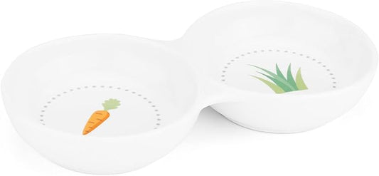 Navaris Double Food Bowl for Small Animals - Ceramic Food Bowls for Rabbits, Guinea Pigs, Small Pets - Rabbit Water Dish - Carrot and Grass Design