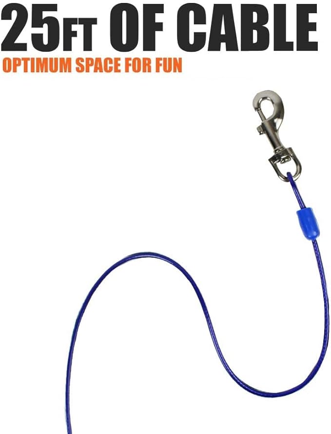 BV Dog Tie Out Cable 25 Feet - Heavy Duty Dog Lead Up to 60 Pounds - Reflective & Rust-Free with Quick Release Swivel Clips & 360° Rotating Clasp - Tangle-Free Dogs Runner for Yard (Blue, Pair)