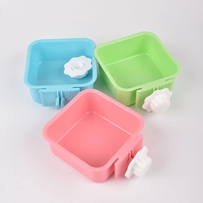 Crate Dog Bowl,Removable Stainless Steel Water Food Feeder Bowls Crate Coop Cup,Pet Cage Bowls with Bolt Holder for Cat, Puppy, Birds, Rats, Rabbits Small Animals ((Blue+Pink) Square, Samll)