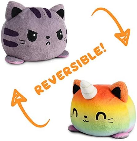 TeeTurtle Reversible Cat/Kittencorn Plushie 4-Inch Gray Tabby/Rainbow Two-Sided Flip Plush Toy with Embroidered Details - Cute Mini Collectible Plush for Kids, Teens, and Adults