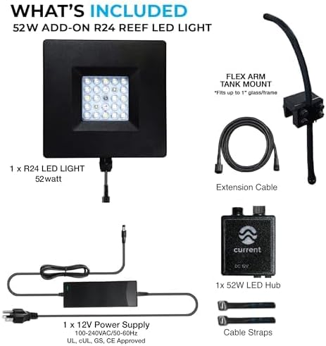 CURRENT Orbit R24 52 Watt Accessory Add On Reef LED Saltwater Marine Aquarium Coral Light with Flex Arm Tank Mount Wireless Lighting & eFlux Wave Pump Control for Fish Tank (4409)