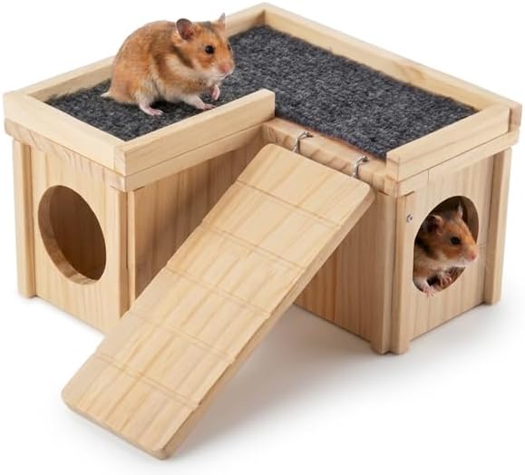 Hamster Hideout Wooden House with Ladder & Washable Pad, Small Animal Habitat Cage Accessories, Cozy Nest for Dwarf Syrian Hamsters, Gerbils & Mice