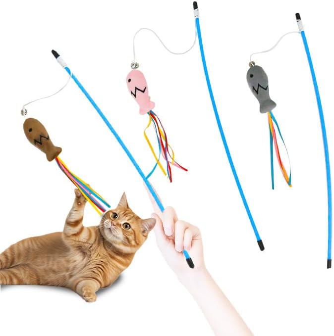 3PCS Interactive Cat Wand Toy with Plush Fish & Colorful Ribbon Tails – Engaging Play and Exercise Teaser Stick for Indoor Cats and Kittens (Brown, Gray, Pink)