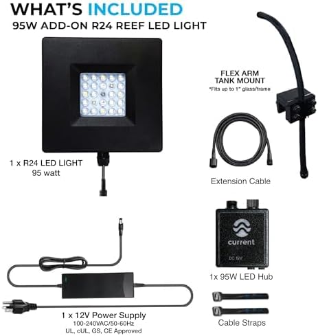 CURRENT Orbit R24 95 Watt Accessory Add On Reef LED Saltwater Marine Aquarium Coral Light with Flex Arm Tank Mount Wireless Lighting & eFlux Wave Pump Control for Fish Tank (4441)