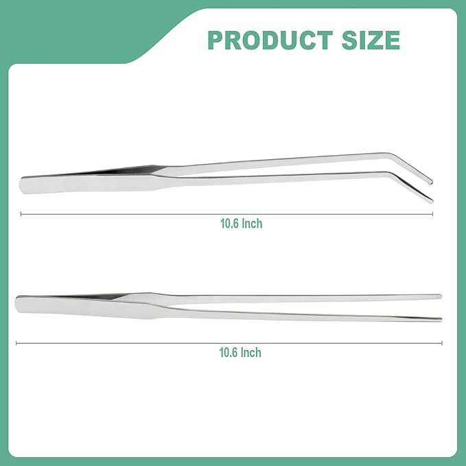 Syn-zer Reptile Feeding Tongs, 10.6" Straight & Curved | 2 Pcs Stainless Steel, Rustproof, Aquarium, Terrarium, Reptile, Bearded Dragon, Snake, Lizard, Crafts, Planting