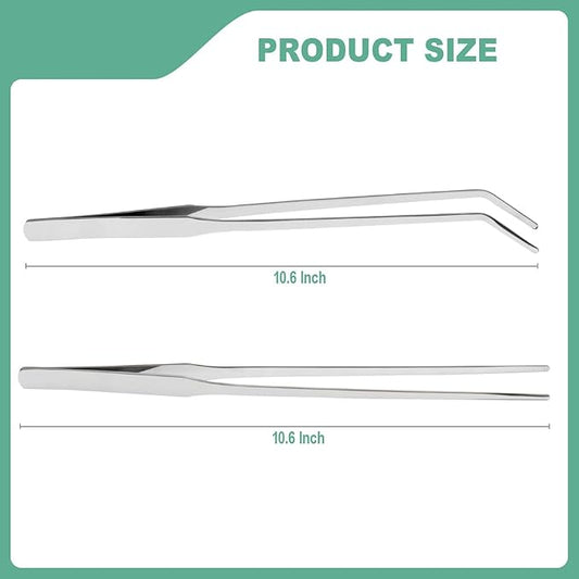 Syn-zer Reptile Feeding Tongs, 10.6" Straight & Curved | 2 Pcs Stainless Steel, Rustproof, Aquarium, Terrarium, Reptile, Bearded Dragon, Snake, Lizard, Crafts, Planting