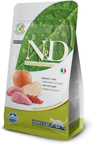 Farmina Natural And Delicious Boar And Apple Grain-Free Formula Dry Cat Food, 3.3 Pound Bag