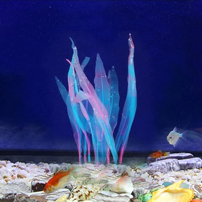 1Pcs Aquarium Decoration Blue Plants Simulation Artificial Water Grass Plastic Fish Tank Decor Plant Silicone Glowing Kelp Ornament Aquarium Accessories Fake Plants,Blue,9.84in