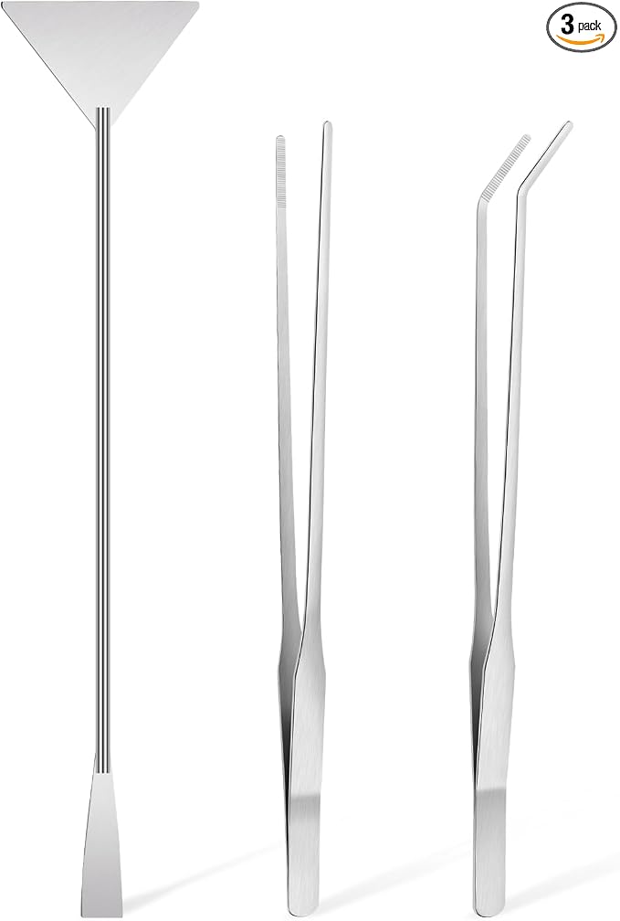 Oligei Terrarium Supplies 3 PCS, Stainless Steel Aquarium Supplies Set, Include Long Aquarium Tweezers, Curved Tweezers, Algae Scraper for Fish Tank Cleaning Plant Trimming