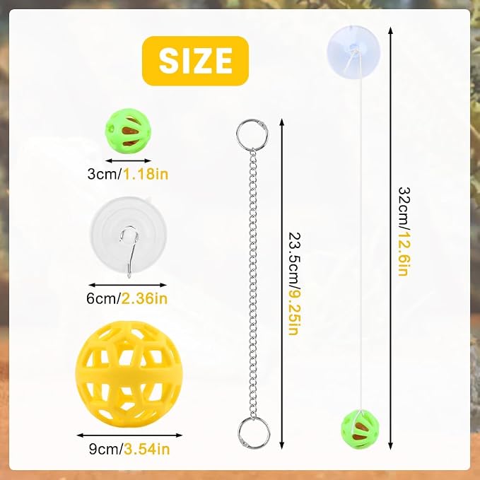 Bearded Dragon Enrichment Toys Feeder Ball Set, Vegetable Feeder Ball & Bell Ball, Exercise Balls Interactive Feed Toys Bells Reptile Tank Accessories for Reptile Lizard Gecko (Yellow)