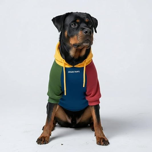 Spark Paws Dog Hoodie – Premium Dog Sweater for Small, Medium, and Large Dogs | Warm Outfits for French Bulldogs, Pitbull, Puppy, Winter Jacket Alternative - Primary Color Block - 5XL