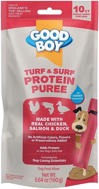 Good Boy Turf & Surf Protein Purees Dog Food Mixers for All Adult Dogs, 10 Count, Easy Single-Serve Triple Flavor Topper Treats with Chicken, Salmon and Duck