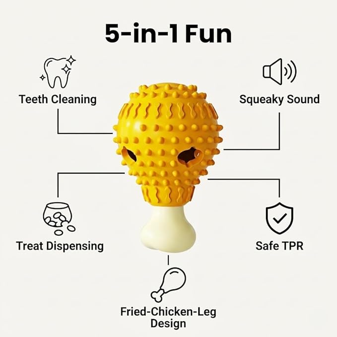 Fried-Chicken-Leg-Shaped Design Squeaky Treat Dispenser, Dog Chew Toys for Aggressive Chewers, TPR Durable Interactive Enrichment Puzzle Toy for Large Medium Small Breed Dogs