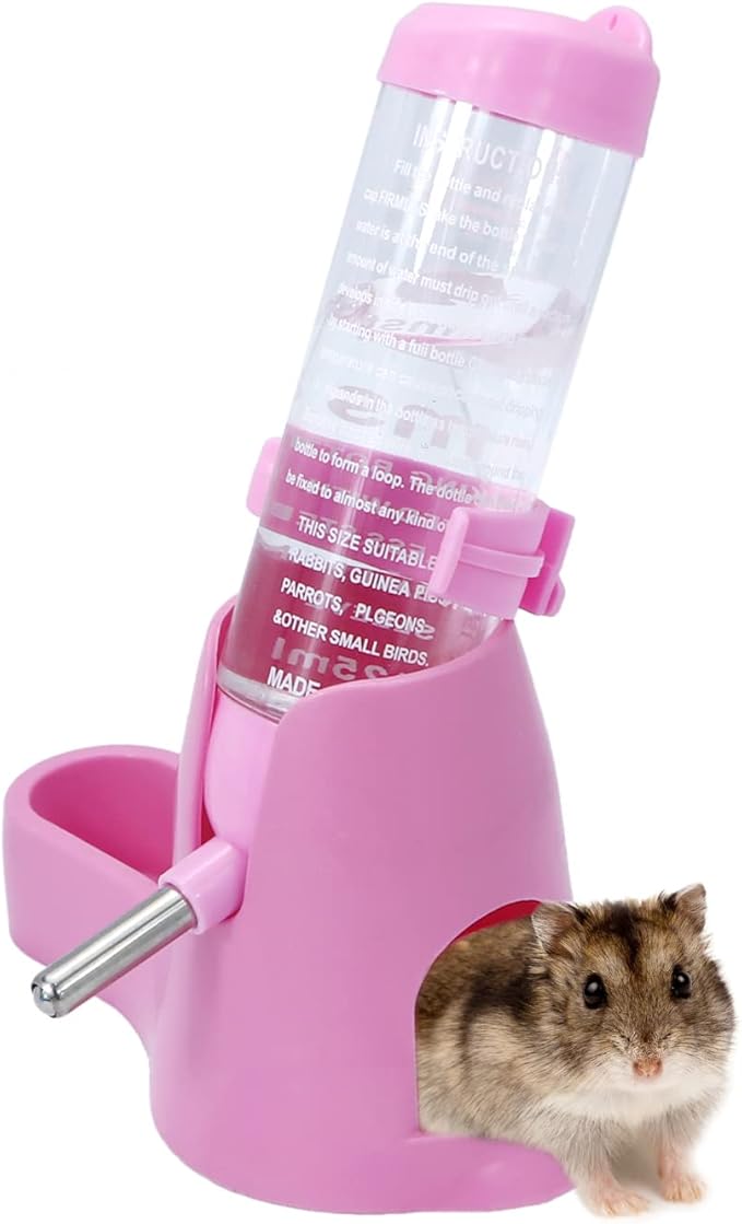 3 in 1 Hamster Hanging Water Bottle Pet Auto Dispenser with Base for Dwarf Hamster Mouse Rat Hedgehog (125ML, Pink)